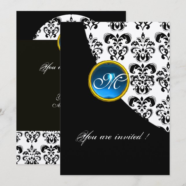 BLACK AND SILVER DAMASK MONOGRAM,blue sapphire Invitation (Front/Back)