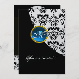 BLACK AND SILVER DAMASK MONOGRAM,blue sapphire Invitation