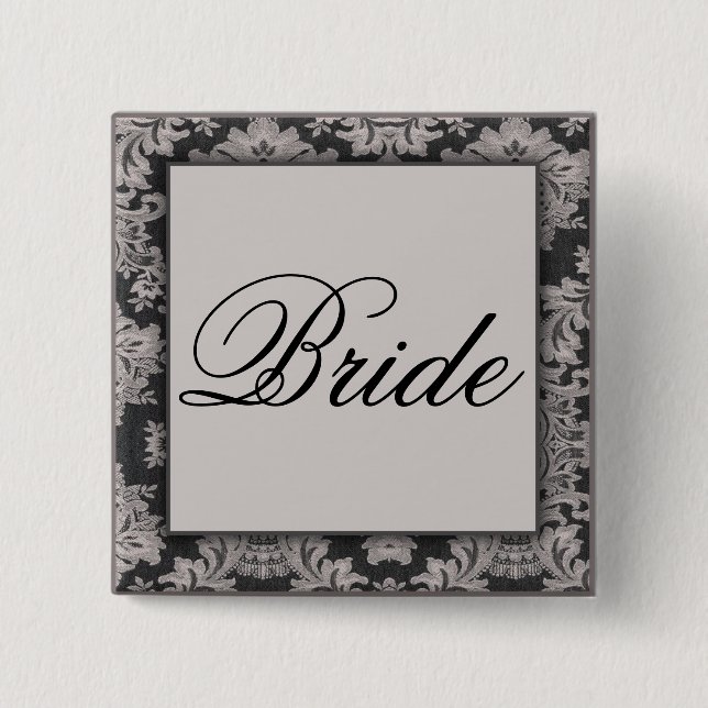 Black and silver damask pattern 15 cm square badge (Front)