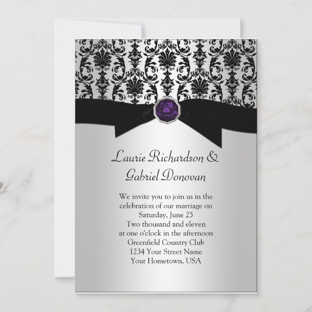 Black and Silver Damask Purple Jewel Wedding Invit Invitation (Front)