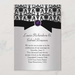 Black and Silver Damask Purple Jewel Wedding Invit Invitation