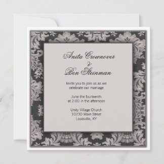 Black and silver damask Wedding Floral Invitation