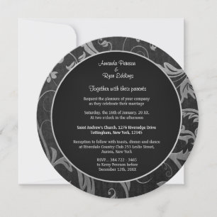 Black and Silver Damask Wedding Invitation Round