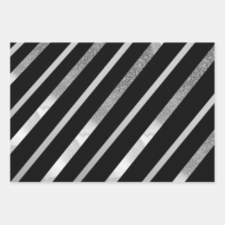 Black And Silver Diagonal Stripes Pattern  Wrapping Paper Sheet