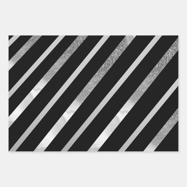 Black And Silver Diagonal Stripes Pattern  Wrapping Paper Sheet (Front)