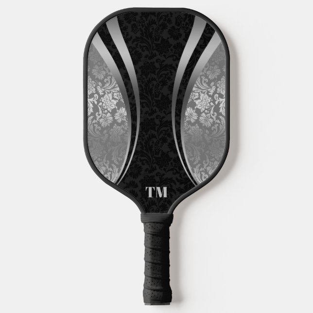 Black and Silver Dynamic Stripes Damasks Pickleball Paddle (Front)