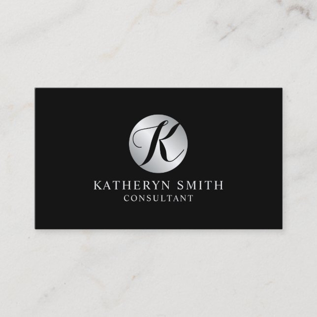 Black and Silver Elegant Monogram Business Card (Front)