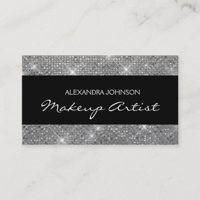 Black and Silver Elegant Sparkly Makeup Artist Business Card (Front)