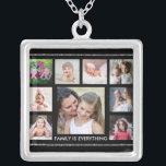 Black And Silver Family Quote 9 Photo Collage  Silver Plated Necklace<br><div class="desc">Unique photo collage necklace to personalise with 9 pictures . Family is everything quote typography makes the picture frame necklace a keepsake for family members.</div>