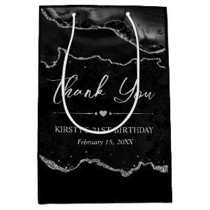 Black and Silver Faux Glitter Agate Birthday Medium Gift Bag