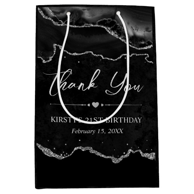 Black and Silver Faux Glitter Agate Birthday Medium Gift Bag (Front)