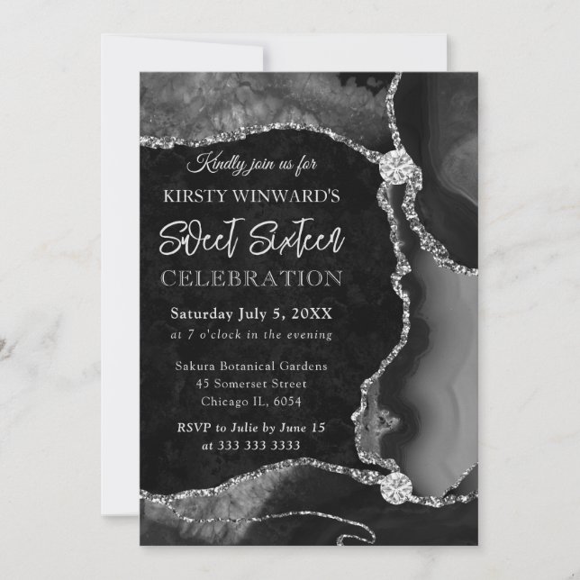 Black and Silver Faux Glitter Agate Sweet 16 Invitation (Front)