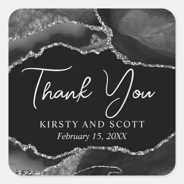 Black and Silver Faux Glitter Agate Wedding Square Sticker (Front)