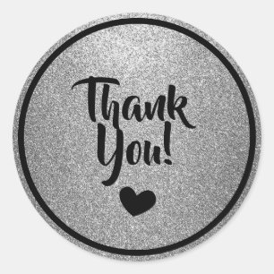 Black and Silver Faux Glitter Thank You Classic Round Sticker