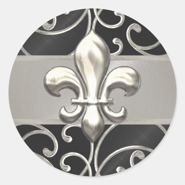 Black and Silver Filigree Swirls Fleur de Lis Classic Round Sticker (Front)
