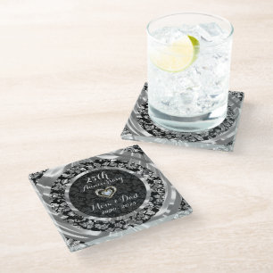 Black And Silver Floral Damask. 25th Anniversary Glass Coaster
