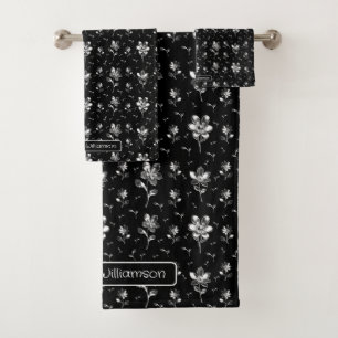 Black And Silver Floral Personalised Bath Towel Set
