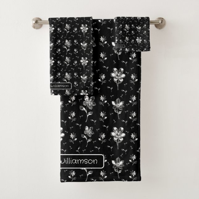 Black And Silver Floral Personalised Bath Towel Set (Insitu)