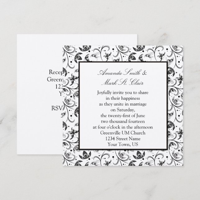 Black and Silver Floral Wedding Invitation (Front/Back)