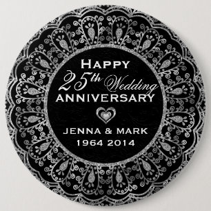 Black And Silver Floral Wreath 25th Anniversary 6 Cm Round Badge