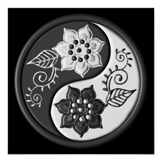 Black and Silver Floral Yin Yang Poster (Front)