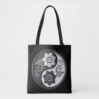 Black and Silver Floral Yin Yang Tote Bag