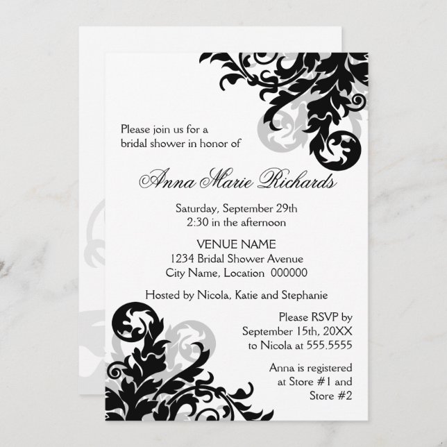Black and Silver Flourish Bridal Shower Invitation (Front/Back)