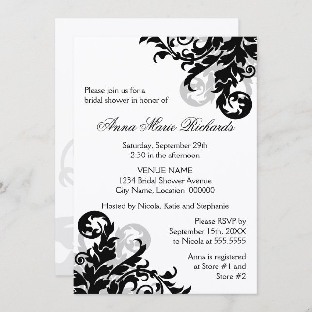 Black and Silver Flourish Bridal Shower Invitation (Front/Back)