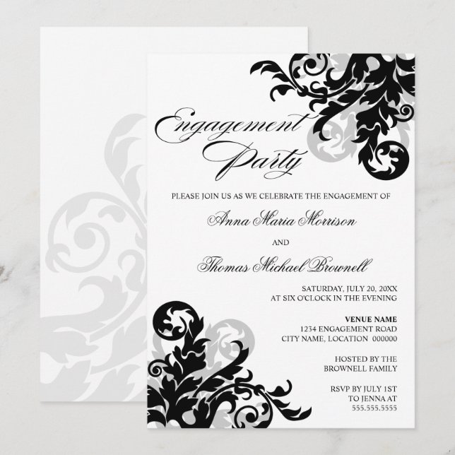 Black and Silver Flourish Engagement Party Invitation (Front/Back)
