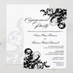 Black and Silver Flourish Engagement Party Invitation
