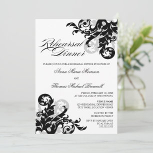 Black and Silver Flourish Rehearsal Dinner Invitation