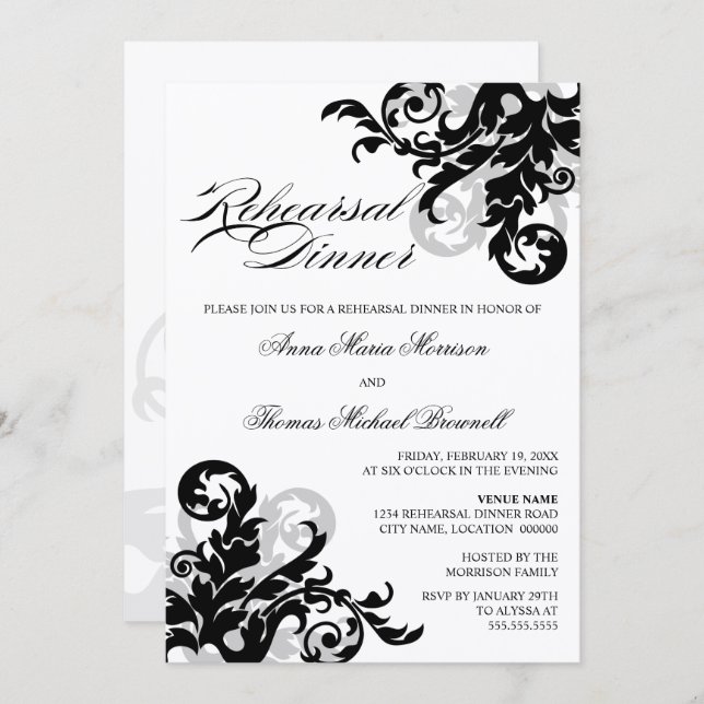 Black and Silver Flourish Rehearsal Dinner Invitation (Front/Back)