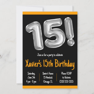 Black and Silver Foil Balloons 15th Birthday Party Invitation