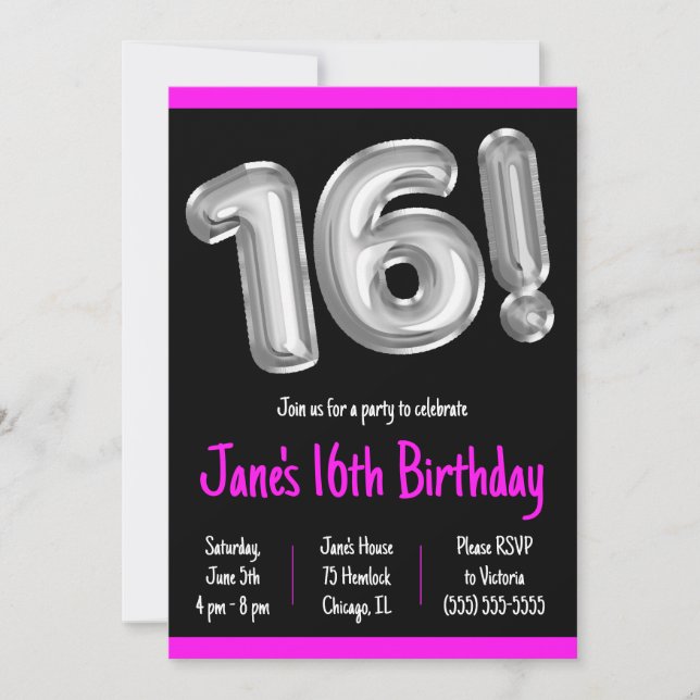 Black and Silver Foil Balloons 16th Birthday Party Invitation (Front)