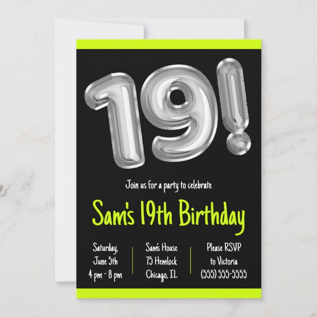 Black and Silver Foil Balloons 19th Birthday Party Invitation (Front)