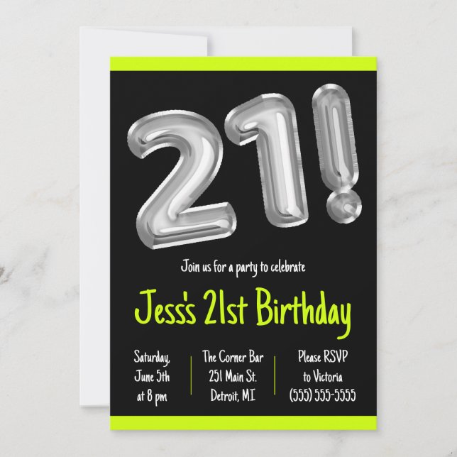 Black and Silver Foil Balloons 21st Birthday Party Invitation (Front)