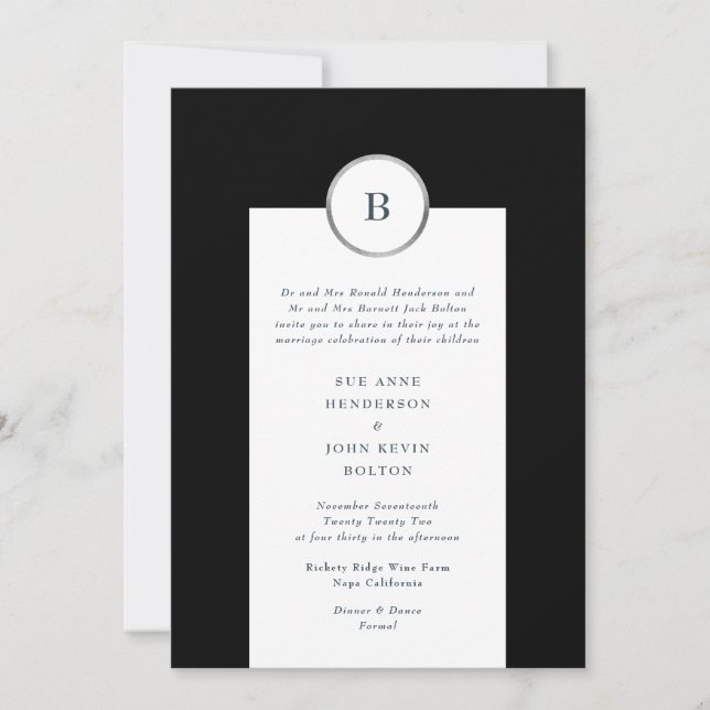 Black and Silver Foil Circle Monogram Wedding Invitation (Front)