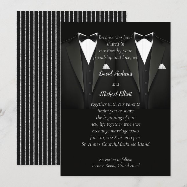 Black and Silver Gay Tuxedo Wedding Invitation (Front/Back)