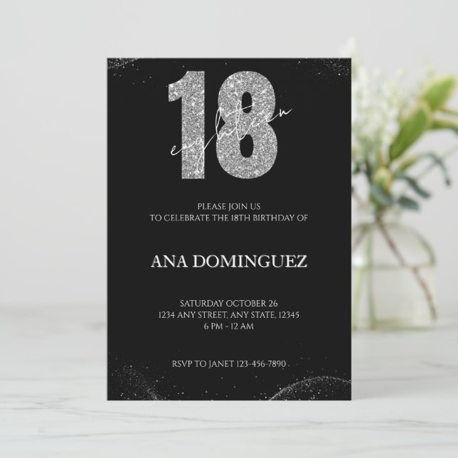 Black and Silver Glitter 18th Birthday Invitation (Standing Front)