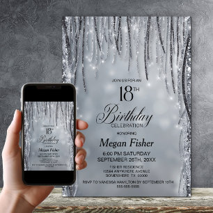 Black and Silver Glitter 18th Birthday Party Invitation