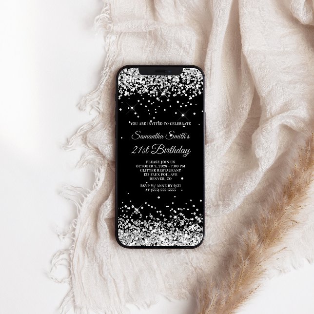 Black and Silver Glitter 21st Birthday Invitation (Black and Silver Glitter 21st Birthday Invitation)