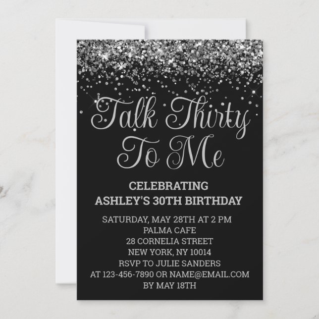 Black and Silver Glitter 30th Birthday Talk Thirty Invitation (Front)