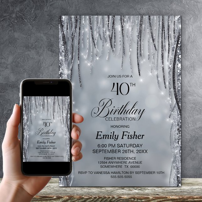 Black and Silver Glitter 40th Birthday Party Invitation (Creator Uploaded)