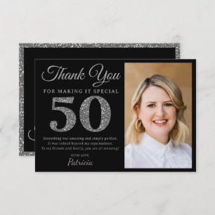 Black And Silver Glitter 50th Birthday Party Photo Thank You Card
