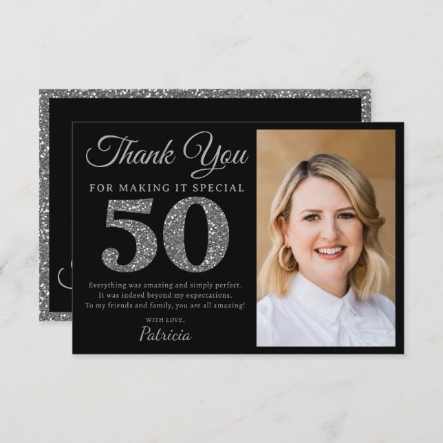 Black And Silver Glitter 50th Birthday Party Photo Thank You Card (Front/Back)