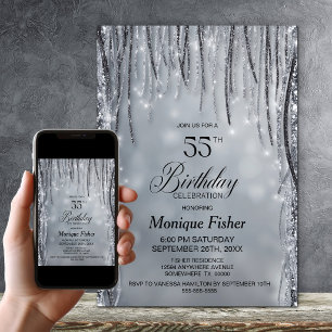 Black and Silver Glitter 55th Birthday Party Invitation