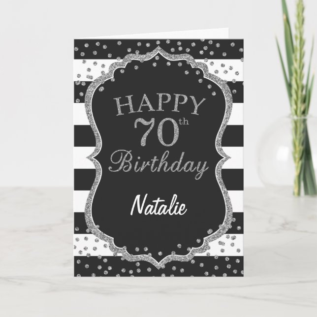 Black and Silver Glitter 70th Birthday Card (Front)