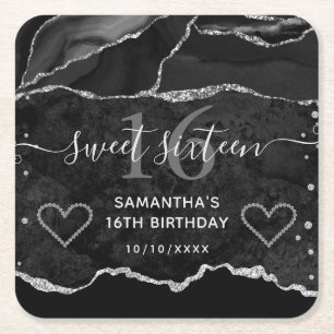 Black and Silver Glitter Agate Marble Sweet 16  Square Paper Coaster