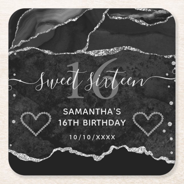 Black and Silver Glitter Agate Marble Sweet 16  Square Paper Coaster (Front)