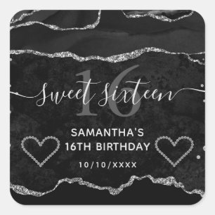 Black and Silver Glitter Agate Marble Sweet 16 Square Sticker